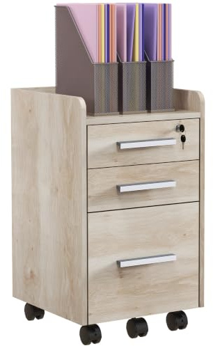 HOMCOM Bürocontainer Aufbewahrung Büro auf Rollen 3 Schubladen 1 abschließbar 1 Ordnersortierer MDF Spanplatte beige