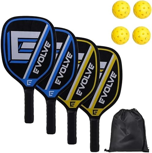 Pickleball Paddles Schläger Set mit 4 Pickleball-Schlägern, 4 Bällen, Tragbare Tasche,Pickleball-Set, Geeignet FüR Indoor Und Outdoor - Sportarten, AnfäNger (Yellow)
