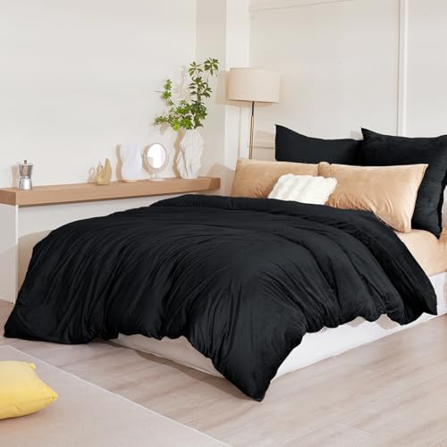 Beqnat Biancheria da letto invernale in flanella, 220 x 240 cm, set di biancheria da letto invernale in pile cashmere touch, 1 copripiumino + 2 federe 80 x 80 cm, con chiusura lampo, colore nero