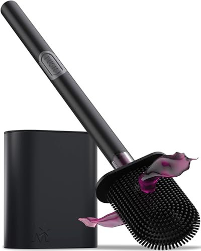 MooStar 1-Pack Silicone Toilet Brush with Holder-Stainless Steel Wall-Mounted & Free-Standing Toilet Brushes and Holders with Quick-Drying Flexible Flat Brush Head & Soap Dispenser for Bathroom-Black