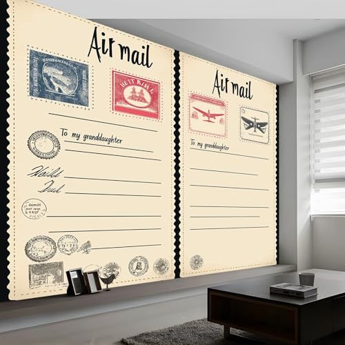 Vlies Fototapete Kinderzimmer B200 x H140 cm, Postkarten Briefmarken Im Retro Stil Fototapeten Tapeten für Kindertapete - Vintage Briefmarken Wandtapete Wanddeko Tapete 3D Effekt Schlafzimmer