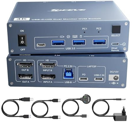 ESKEVE Conmutador KVM USB C HDMI 2 PC 2 Monitores, conmutador KVM para ordenador portátil y PC, USB 3.0 MST Dual 4K @ 60 Hz, Type-C 60 W Carga para ordenador portátil, HDMI Kvm Switch USB C con mando