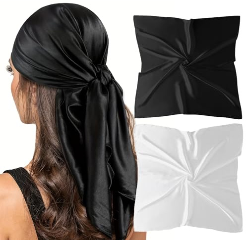 vimate White Silk Scarf for Women-35 Inch Square Satin Head Scarves for Hair Wrapping Black Bandanas Silk Neck Scarf (2 Pack-Black+White)