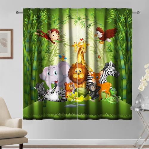 Kzzfqxb 107x160cm Kindervorhänge 2 Paneele, Grüne Bambus Tiere Elefant Löwe AFFE Zoo Vorhänge, Süßes Karikatur Dekor für Kinder Jungen Mädchen Schlafzimmer Kinderzimmer Wohnzimmer