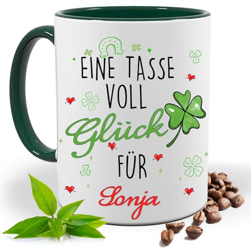 Eine Tasse voll Glück Personalisiert mit Namen| Geschenk Idee| Kaffee Tee Bürotasse | Fototasse, Motivtasse | Kaffeetasse, Teetasse |Keramik (Grün)