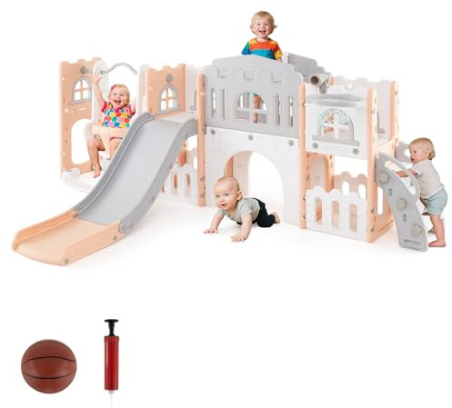 COSTWAY Barnrutschkana med klätterställning och gunga, rutschset med gunga, basketkorg, teleskopratt, Montessori, inomhuslekplats för barn från 1 år (grå + rosa)