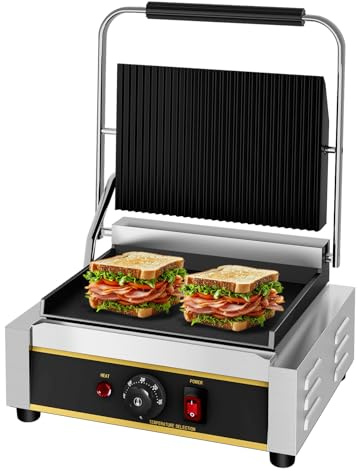 MOOTACO Electric Panini Press Grill, Commercial Sandwich Maker With a Grooved Plate,Non-Stick Contact Sandwich Press Grill,Professional Press Griddle for Steak,Hamburgers,50-300 ° C,2200W