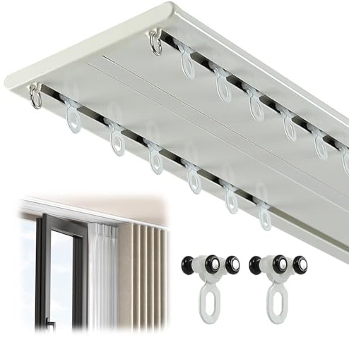 Vorhangschienen-Set, Komplett-Set mit 2-läufiger Vorhangschiene, Befestigungsmaterial,Doppelläufige Vorhangschiene mit Leiser Gleitfunktion für Wohnzimmer Schlafzimmer Vorhänge, Weiß, 1.3m