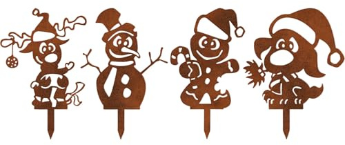 Gartenstecker Rost Deko Weihnachten Weihnachtsstecker Weihnachtsdeko Outdoor Metall Gartendeko für Draußen Roststecker Weihnachtsdeko Aussen Garten Deko Advent Winterdeko (4er Schneemann Elch)