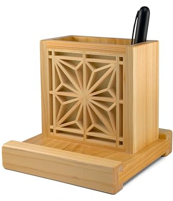 Handmade Hinoki Wood Desk Decor, Japanese Zen Wooden Pen Holder, Handcrafted Office Art, Kumiko Art (red)