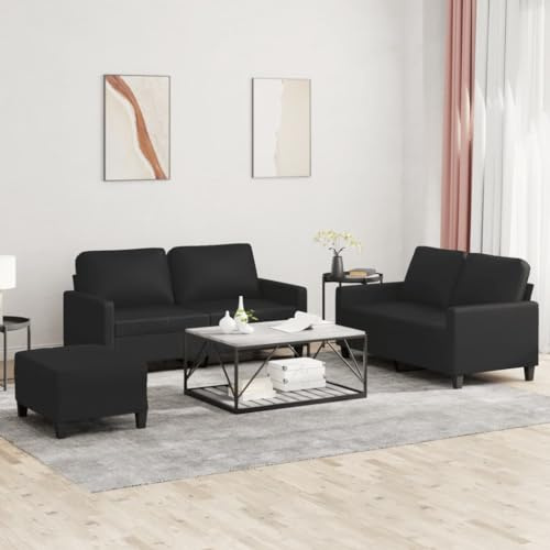 QUAHEAS 3-TLG. Sofagarnitur, Schwarz Kunstleder, 2X 2-Sitzer Sofas & Fußhocker mit Kissen, Robustes Wohnzimmer Möbel Set für Entspannung