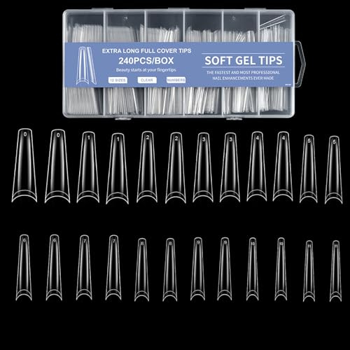 PYRUVAE 240 Pièces Demi Capsule Ongles Cercueil, Faux Ongles 12 Tailles pour Extension et Nail Art, Tips Ongles Ballerine Transparents pour Manucure Professionnelle et DIY