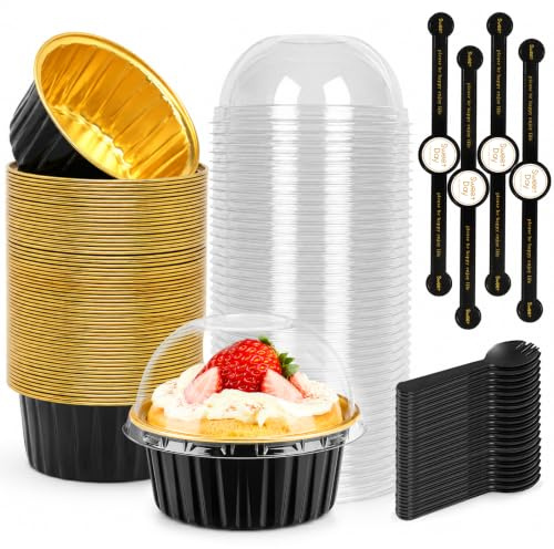 Newthinking Mini Cake Baking Cups 60PCS, Mini Cake Tins with Lids Spoons | 150ml Round Cake Baking Cups, Food-grade Aluminum Foil, Heat-Resistant, Ovens and Air Fryers, Include Lids Spoons Stickers