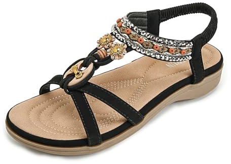 AFJYG Sandales Femme Plate Chaussures Été Bohême Élégantes Bout Ouvert Élastique Sangle Sandales Confortables Léger,Noir,42 EU