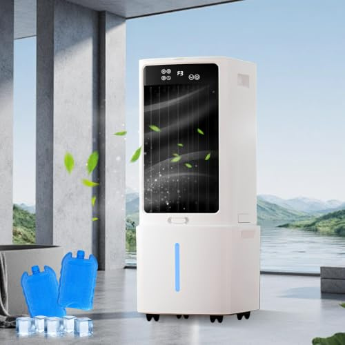 Rafraîchisseur d'air Évaporatif 12L (Alternative Climatiseur Mobile Sans Évacuation), 800 m³/h Puissant Portable, 3-en-1 Ventilateur & Humidificateur avec Télécommande, Minuteur 12H, 8 Pains de Glace