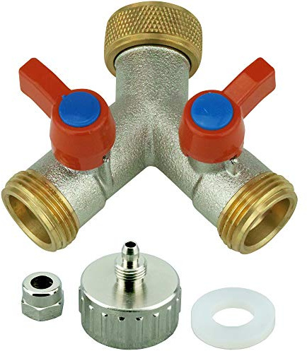 FILTROTECH Y-Verteiler 3/4 Zoll mit Absperrhähnen und Adapter 1/4 Zoll | Messing verchromt, 3/4 Zoll Innengewinde mit Dichtung, zwei einzeln absperrbare Abgänge, Adapter auf 6 mm Schlauch