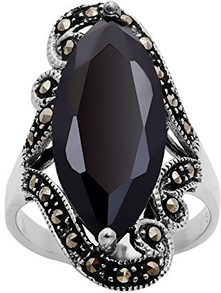 Silverly Bague en Argent 925 avec Grande Marquise Noire et Filigrane de Marcassite | Bague Dôme Art Nouveau Style Vintage Années 20 | Bijoux Gothiques Victoriens en Zircone Cubique pour Femmes
