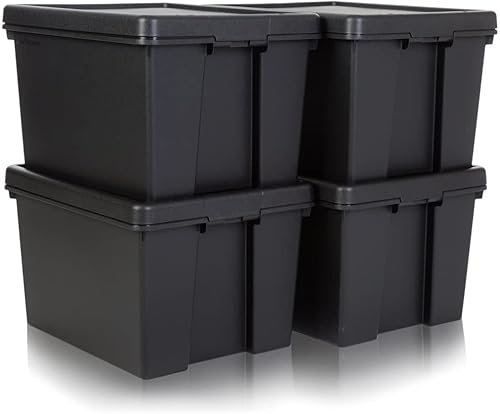 JMS we create smile (Set of 4 45L 45 Litre Recycled Heavy Duty Strong Storage Boxes With Secure Lid | Storage Containers Organizing Basket For Home Office Storage Solution (45 LITRE, Black Bam)