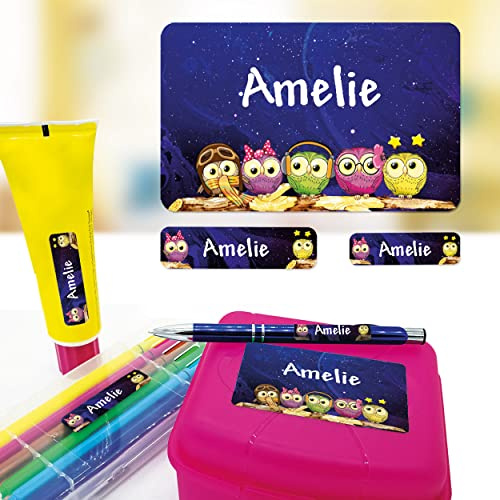 Set Eule personalisiert wasserfest Schule Kita Kinder | 79 Sticker in 3 Größen für Stifte Brotdose Trinkflasche Bücher Hefte Federmappe Schulranzen Kindergarten Eigentum Alltag