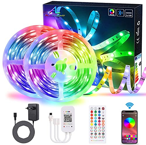 ALED LIGHT Ruban Led Bluetooth 20M, 5050 Kit de Bande LED RGB 2×10M Musique Sync Contrôlé par APP du Smartphone Avec Récepteur IR, Bande Lumineuse pour Décoration Maison DIY Chambre