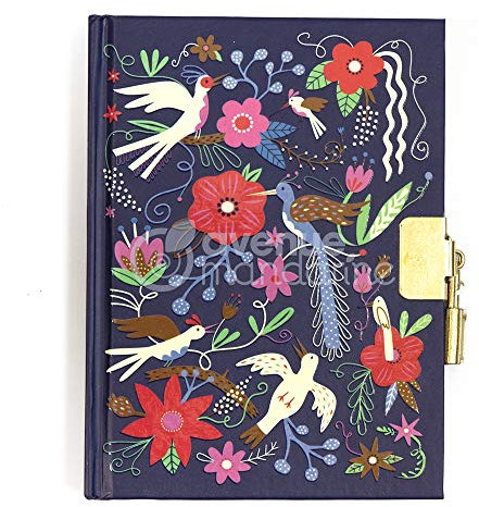 MY MANDARINE CO205C - Tagebuch Bullet journal 120 Blatt liniert, 11x14 cm, mit Vorhängeschloss und 2 Schlüsseln, Vögel und Blumen, 1 Stück