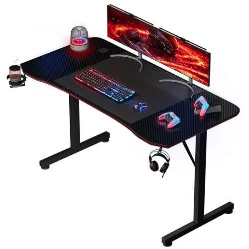 Devoko Scrivania Gaming 140 x 60 cm, Tavolo Gaming Ergonomica, Postazione con Piano del Tavolo in Fibra di Carbonio, Scrivania per Computer con Porta Bicchiere e Ganci per Cuffie, Nero