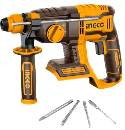 INGCO Martillo perforador rotativo SDS-Plus de iones de litio de 20V (solo cuerpo) con motor sin escobillas, perilla de ajuste de función 4 en 1, 2,0J, 5400 BPM, 1100 RPM, 3 brocas y 1 cincel