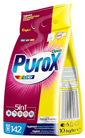 PUROX COLOR Detergente Lavadora Polvo en bolsa (142 Lavados) – para tejidos de color, elimina manchas, ecológico, protege contra la cal, 10 kg