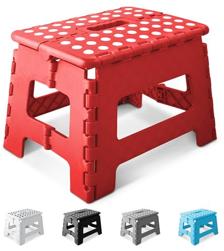 KEPLIN 9 Inch Heavy Duty Folding Step Stool | Non-Slip Foldable Footstool for Toddlers, Children & Adults | Portable, Lightweight Plastic Footstep w/Carrying Handle for Indoor or Outdoor (Red)