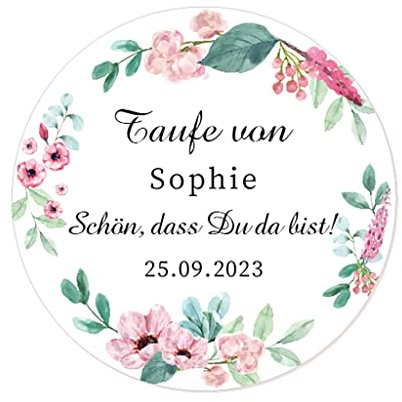 eKunSTreet 50 PERSONALISIERT 40mm Blume Aufkleber - Schön, dass du da bist! Gastgeschenke Tüten Aufkleber für Hochzeit, Verlobung, Konfirmation - Rd 064 (004)