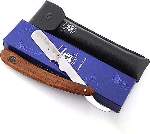 Haryali London Juego de maquinilla de afeitar para hombre - Cuchillo de afeitar de barbero con hoja intercambiable Nuestro cuchillo barba con funda de cuero recto mango de madera
