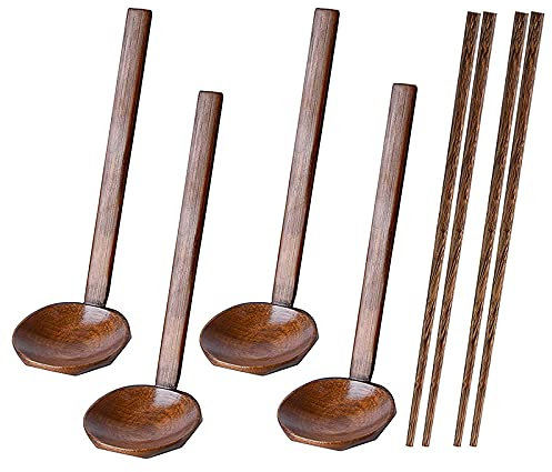 Duendhd 4 cucharas japonesas de mango largo para ramen, cucharas de madera para olla caliente, cuchara de concha, cuchara de madera, arroz, sopa, postre