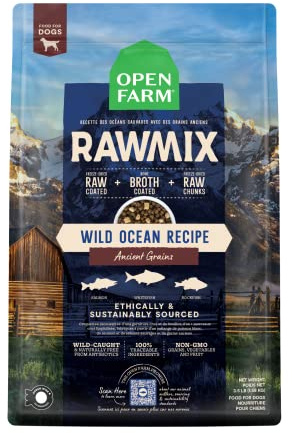 Open Farm, RawMix Dry Dog Food with Ancient Grains, Protein-Packed Kibble Coated in Bone Broth with Freeze Dried Raw Chunks, Salmon Whitefish & Rockfish,Wild Ocean Recipe, 3.5lb Bag