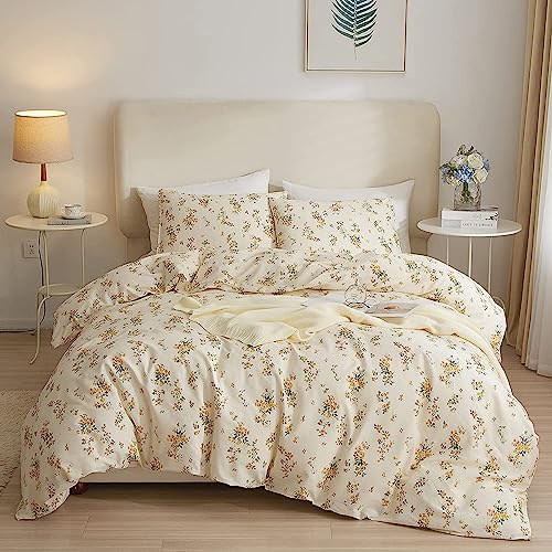 HighBuy 3 Pieces Duvet Covers King Size Yellow Floral Duvet Cover Set,Ultra Soft Cotton Bedding Set Botanical Printed Soft Aesthetic Bed Cover with Zipper Closure 4 Ties All Season