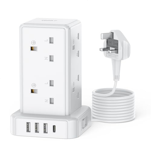 Tower Extension Lead 2M, 13A 3250W Surge Protector Extension Lead, 8 AC Outlets & 4 USB Ports Multi Plug Socket Power Strip with 3M Extension Cable for Home, Office