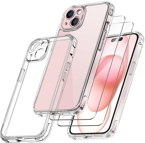 Qasyfanc Handyhülle Kompatibel mit iPhone 15, Hülle mit Kameraschutz und 2 Stück Schutzfolie, Hard PC Nie Vergilbung Case Transparent Militärschutz Kratzfest Fallschutz Schutzhülle, Klar
