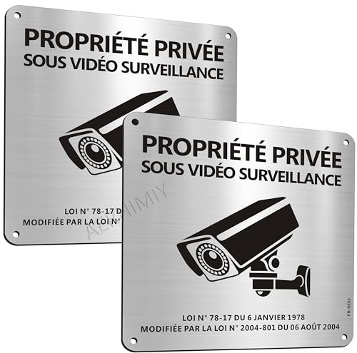 Panneau Propriété Privée Video Surveillance Aluminium 15×15 cm, 2 Pièces Panneau Camera Surveillance Adhesif, Avec Trous Percés