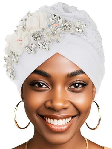 Bohend African Flower Rhinestone Turban Cap Muslim Pre Tied Beanie Headwrap Sequin Bonnet Headscarf Stretch Pleated Women Hat (1)