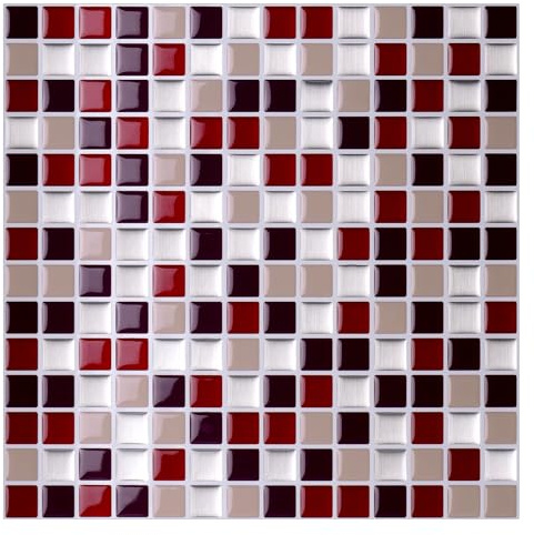 Alwayspon 10 Bögen 30,5 x 30,5 cm Rot-Silber Mosaik 3D Vinyl Wandfliesen-Aufkleber-Transfers, zum Abziehen und Aufkleben, selbstklebend, wasserdicht, Spritzschutz, Aufklebefliesen-Aufkleber für Küche