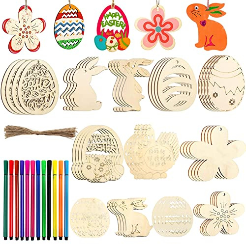 Zoonvii 48 Stück Ostern Anhänger Holz, Osteranhänger Aus Holz Mit 12 Acrylstifte, Bemalen Holz Anhänger für Kinder, DIY Anhänger Ostern, Holz Hasen, Ostereier, Holzanhänger Ostern zum Bemalen