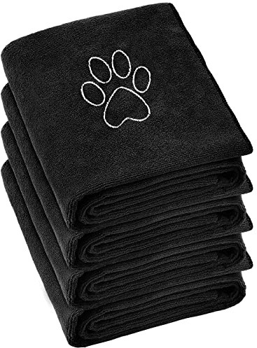 Chumia 4 Pack Dog Towels for Drying Large Microfiber Grooming Tools Absorbent Soft Bath Supplies with Embroidered Paw for Small Medium Pet Products(16 x 32 Inch,Black)