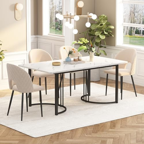 LERFAN Rektangulärt matbord, modernt köksbord med marmormönster, bordsskiva och metallben med inställningsfunktion för matsal vardagsrum, 140 L x 80 B x 75 H cm vit + svart
