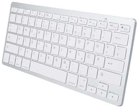 Teclado Inalámbrico Bluetooth, Teclado Compacto Multidispositivo, Teclado de Idioma Bilingüe Compatible con iOS, Android, Windows, Funciona con Pilas (Diseño QWETZ alemán)