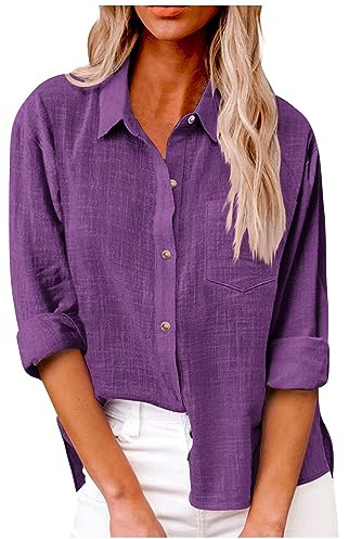 Chemise Lin Femme 2024 Éte Chemisier Coton Et Lin Col V Boutons Décontractés Manches Longues Tops Couleur Unie Tunique Blouse