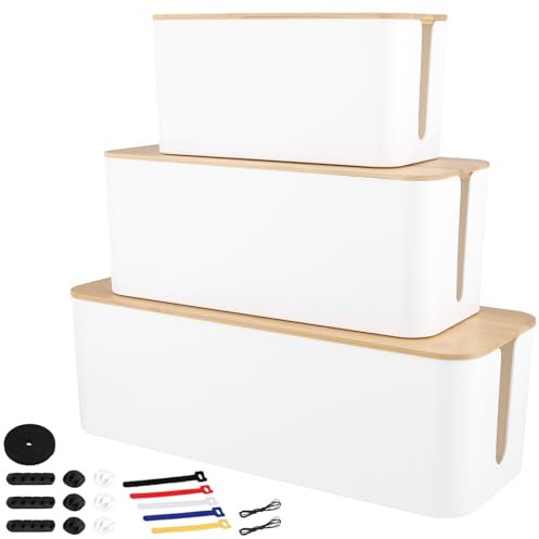 PINGEUI Cables Organizer Box, Set of 3 Cable Box with Bamboo Lid for Hiding Power Strips and Cable Wires 10.63 x 4.6 x 4.7 inch and 12.7 x 5.3 x 5 inch and 15.8 x 6.18 x 5.35 inch
