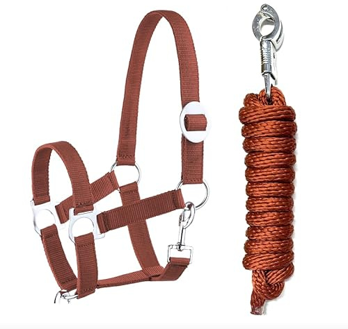 JA4002 Halfter Führstrick Set mit Panikhaken verstellbar Pferdehalfter Pferd Holzpferd Anbindestrick (Panikhaken Hellbraun, Shetty)