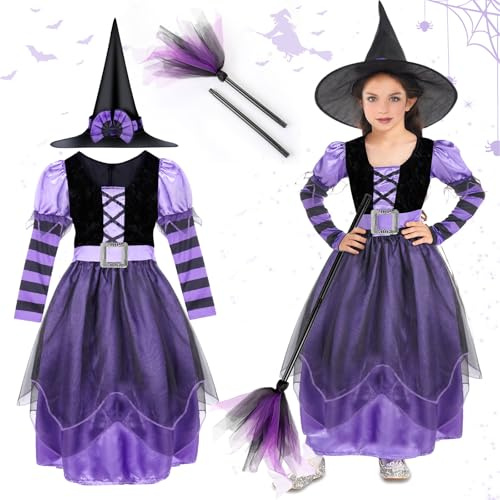 TEWWCEO Sorcière Déguisement Halloween Enfant Fille, Kit Robe Chapeau Sorcière, Balai, Ceinture, Costume 7-8 Ans