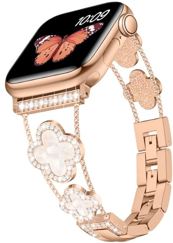 Tasikar Bling Diamond Bracelet pour Femme Compatible avec Apple Watch Bracelets 42mm(Série 10/11) 41mm 40mm 38mm SE Série 11 10 9 8 7 6 5 4 3 2 1 Joli Bracelet de Rechange en Trèfle (Or Rose)