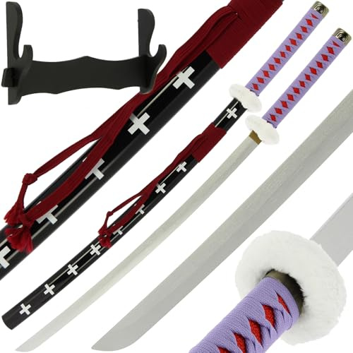 Anime Bamboo Swords Wooden Bokken Prop Halloween Cosplay Collection with Wall Stand (Trafa - Purple/Red)