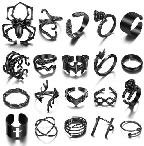 Hifot 20 Stück Verstellbare Ringe für Damen Herren Vintage Y2K Ringe Set, Punk Stapelbare Knuckle Ringe Schwarz, Schlange Blumen Spinne Kreuzen Geweih Fingerringe für Geburtstagsfeiern Abschlussbälle